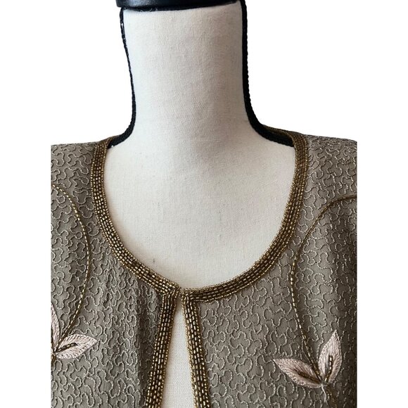 Adrianna Papell Vintage Silk Floral Embroidered Open Front Jacket Gold W/ Accent - Picture 5 of 8